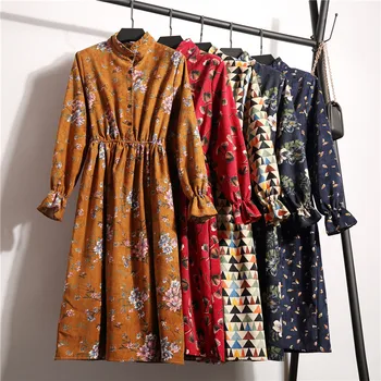 Pantaloni de catifea cord de Înaltă Talie Elastic Rochie de Epocă Stil a-line Femeile Complet Maneca Floare de Imprimare Carouri Rochii Slim Feminino 18 Culori