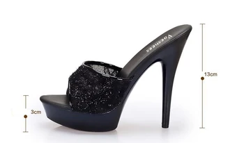 Pantofi femei 2018 Dulce Pantofi cu toc Înalt 13 / 15cm Bine Cu o Grosime de Papuci Negri de Dantelă de Moda Banchet Pantofi pentru Femei Marimi 34-44