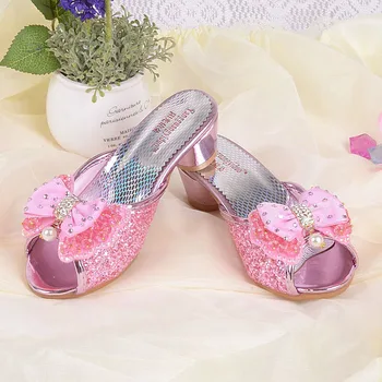 Pantofi pentru copii fete tocuri înalte copii sandale gură de pește pantofi anti-alunecare paiete Printesa pantofi papion copii, sandale fete