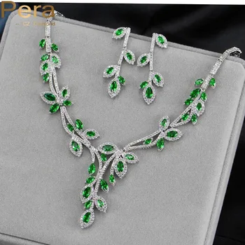 Pera CZ Brand Nigeria Și Africa de Femei Mare Frunze de Forma Petrecere de Nunta Bijuterii Set Cu Verde Natural Cubic Zirconia J138