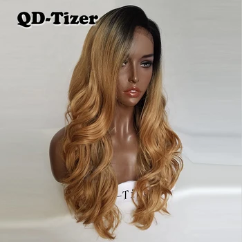 QD-Tizer Blonda Parul Ombre Corp Lung Val Sintetice Peruci Fata Dantelă Glueless cu Copilul Par Doi Culoare Sintetice Peruci Dantela