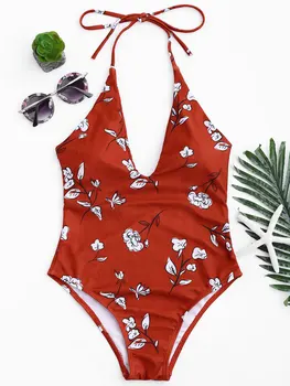 QIANG YI 2018 stiluri de Vară Femei Halter costum de Baie Sexy Print-O singură Bucată de costume de Baie Costume de baie salopeta Adânc V Bikini Plaja de Înot