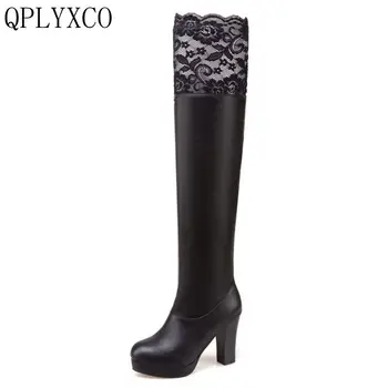 QPLYXCO 2017 Nou de vânzare de Dimensiuni Mari 34-50 Toamna iarna stlye Cizme lungi pentru Femei de moda peste genunchi Cizme, pantofi cu toc inalt 3339