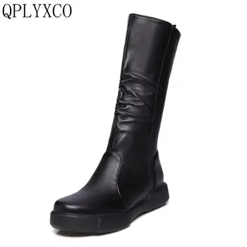 QPLYXCO Plus dimensiune Mare 34-43 cizme de iarna de Moda pantofi de Femeie tocuri plat casual Mijlocul butoi cizme cald zapatos mujer 9588-13