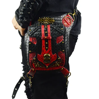 Roșu Negru din Piele Mozaic de Bronz Craniu Nit Punk Talie Genti pentru Femei, Bărbați Motociclete de Epocă Picior, Geanta de Designer Originale