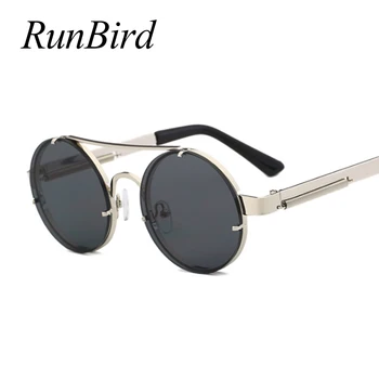RunBird Retro SteamPunk ochelari de Soare Barbati de Brand Designer de Roșu Rotund Ochelari de Soare Pentru Femei Vintage din Metal ochelari de soare UV400 Nuante 1156R