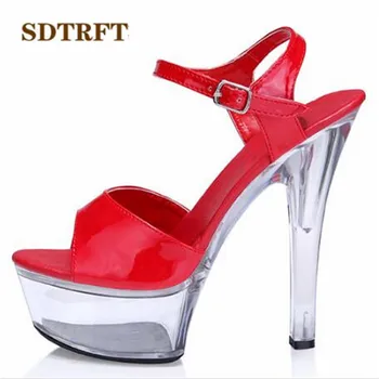SDTRFT Crossdress zapatos Plus:34-44 pompe de Curea Glezna pantofi pentru femei 15cm subțire cu toc înalt cristal transparent sandale cu platforma