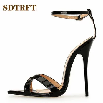SDTRFT Vara 14cm tocuri subtiri Bandă Îngustă pantofi de nunta sexy pompe Peep toe Catarama de Aur fundul Sandale Plus:44 45 46 47 48 49