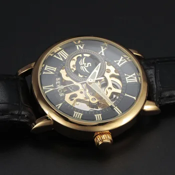 SEWOR 3d Logo Design Luminos Gol Gravură de Aur Negru din Piele de Caz Schelet Ceasuri Mecanice Bărbați de Lux Heren Horloge
