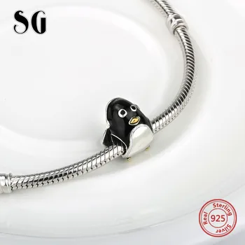 SG Argint 925 Farmece de animale drăguț pinguin margele cu email negru se Potrivesc Original pandora Farmecul Brățară diy Bijuterii Cadou