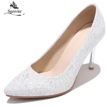 SGESVIER 2018 Primavara-Vara Pantofi Pompe Femeie Aluneca Pe Toc Subțire de Mare, Pompe Subliniat Toe Roz Pantofi de Nunta Lady Plus Dimensiune OX287