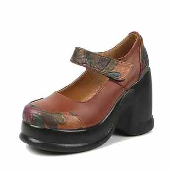 Stil etnic Toamna pentru Femei Pantofi Platforma Pompe de Pană din Piele Rotund Degetele de la picioare Pantofi cu Toc Femei