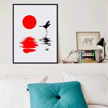 Stil japonez Apus de soare Silueta Panza Pictura Decor Acasă , Roșu-încoronat Macara de Perete Tradiționale Imagini de Arta de Imprimare Poster