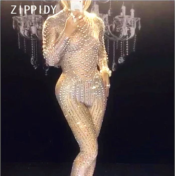 Strasuri sclipitoare Perle Salopeta Sexy Club de noapte DS Performance Petrecere de Sărbători Luminoase Bodysuit Nud Întinde dintr-O bucata Costum
