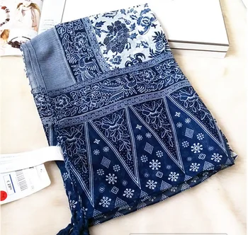 Supradimensionate Albastru Porțelan Alb Stil Etnic Floare De Imprimare Eșarfă Subțire Femei Boem Rafinat Ciucuri Bandană Bufandas Cachecol