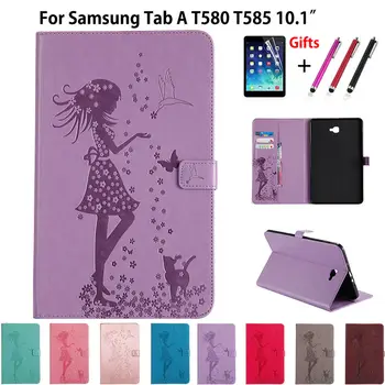 T580 Cazul de Fata Pisica Relief Caz Pentru Samsung Galaxy Tab A6 10.1 2016 T580 T585 SM-T585 T580N Funda husa Piele+film+pen