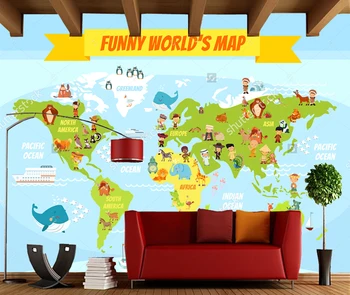 Tapet pentru copii, desene animate Amuzant hartă a lumii cu oameni de diferite naționalități și animale pentru băieți și fete camera dormitor