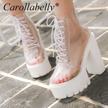 Tocuri groase platforma de femei cizme de toamna transparent glezna cizme pentru femei dantelă up platforma tocuri inalte cizme femei pantofi