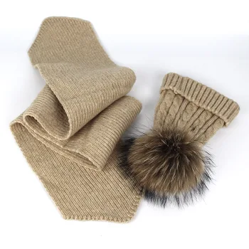 Tricotate Eșarfă și Pălărie Set pentru Femei și Copii de Lux Cald Iarna capac de Croșetat și eșarfe cu Blana naturala pompom Beanie Chelioși