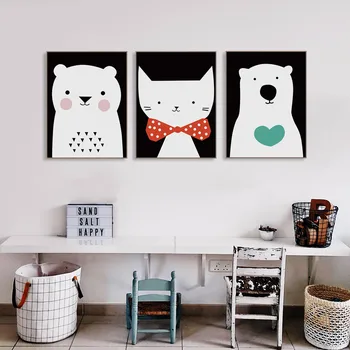 Triptic Moderne Acuarelă Kawaii Animal A4 Arta Panza De Imprimare Poster Pisica Drăguț Urs Pepinieră Copii, Cameră De Imagine Decor Acasă Picturi