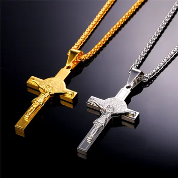 U7 Isus Bucată latină Crucea Pandantiv Colier Cadou de Crăciun de Culoare de Aur 316L din Oțel Inoxidabil Pentru Barbati Lanț Creștin Bijuterii P726