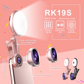 Universal LED Selfie Flash de Lumină Frumusețea RK19S Umple de Lumină cu Macro, Fisheye Obiectiv superangular 4 Încălzește Rece 4 Becuri Pentru Toate Telefoanele