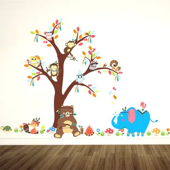 Urs, Bufnita de Desene animate de Animale Copac Vinil autocolante de Perete pentru camere de copii decor Acasă DIY Copil Tapet Arta Decalcomanii Decorarea Casei