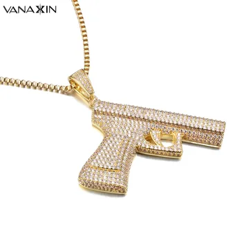 VANAXIN mitralieră Pandantive Colier Pavate CZ de Gheață Afară Femeile de Argint/Aur Color Piatră de sex Masculin Bijuterii Bling Bling Pistol Colier