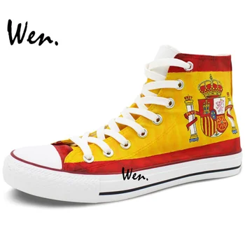 Wen Pictată de Mână și Pantofi de Panza Design Personalizat Spania Flag Bărbați Femei Panza Mare de Top Adidași pentru Cadouri de Crăciun