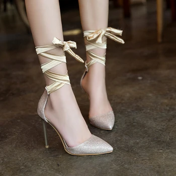 WETKISS 2018 Tocuri inalte Cruce Curea de Femei Sandale Bling a Subliniat Toe Stilet Tocuri Încălțăminte de Vară Doamnelor Pantofi de Nunta de Dimensiuni Mari