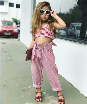 YorkZaler Fetita Haine De Moda Stabilit Copil Îmbrăcăminte Costum Pentru Fete De Vara Roz Carouri Crop Top + Pantaloni Cu Dungi Picătură De Transport Maritim