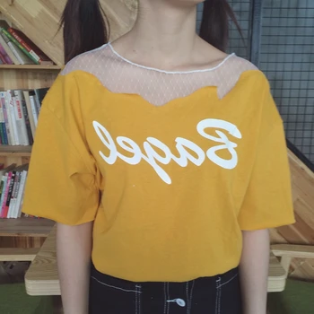 YouGeMan Vara Femei cu Maneci Scurte T-shirt-coreean Ulzzang Harajuku Imprimare Gaura de Pe Umăr tricou Femei Casual ochiurilor de Plasă de Sus Tees