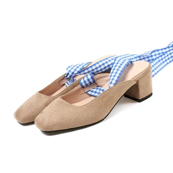 ZawsThia 2018 vara noi indesata pătrat tocuri inalte fete diapozitive papuci femeie catâri cu curea glezna panglică femei sandale pantofi