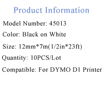 10BUC 45013 Compatibil DYMO D1 Eticheta Tapes 12mm Black on White Label Panglici pentru Dymo Label Manager LM160 LM300 LM450 12mm