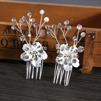 2 BUC Nunta de Argint Stras Floare Pieptene Părul Și Clip Accesorii de Par Floare de Mireasa Perle de Cristal de Păr Bijuterii Pentru Femei
