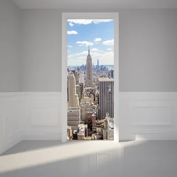 200x38.5 cm 2 buc/set Impermeabil Imitație Manhattan, New York 3D Ușa Autocolant PVC, Auto-adeziv Vinil Acasă Decorare Perete Stick