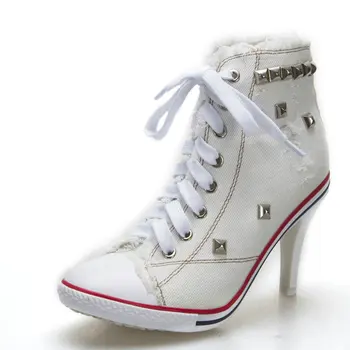 2016 New Sosire Toamna denim Glezna Cizme cu Toc Înalt pantofi casual nituri blugi sexy Pantofi Femei Denim Pânză Transport Gratuit S507