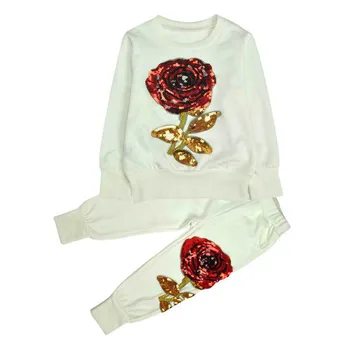 2016 Toamna Stil de Moda Fete Seturi de Îmbrăcăminte de Sport purta Maneca Lunga Trandafiri Florale Brodate cu Paiete, Îmbrăcăminte pentru Copii Seturi