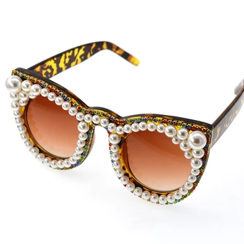 2017 Moda de lux stras ochi de pisica ochelari de soare pentru femei brand designer supradimensionate pisica ochelari de soare perla doamnelor petrecere ochelari negri