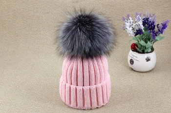 2017 Nou 15 cm Detașabil de blană adevărată pompon hairball elastice tricotate pălărie de iarnă chelioși căciuli cald pălării pentru femei, Adolescenti capace de blană