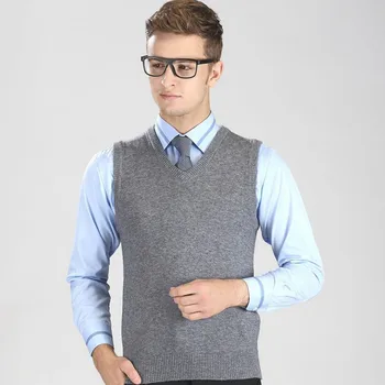 2017 Nou 35%Wool V-Neck Bărbați fără mâneci tricotate Vesta casual Business cald pulovere Barbati Grey-Negru