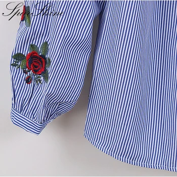 2017 Nou Blusas Rose Floare Broderie Cu Dungi, Bluze Femei Cu Maneca Lunga Bluza Casual De Bumbac Bluze Si Topuri Tricouri Munca De Birou