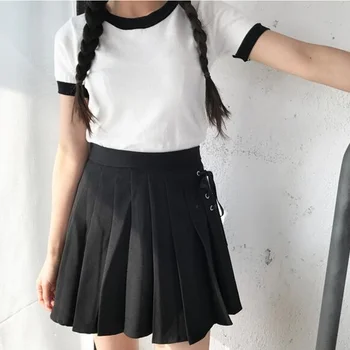 2017 Vara Noua Moda Solid Denim Fusta Plisata Harajuku Dantela-Up Talie Înaltă Casual Sexy Micro Mini Scurt Școală Fuste Femei