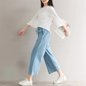 2018 Blugi Femei Plus Dimensiune 5XL Liber Talie Elastic Largi Picior Vintage Retro Pantaloni Casual, Fashion Spălate Denim Blugi Pantaloni