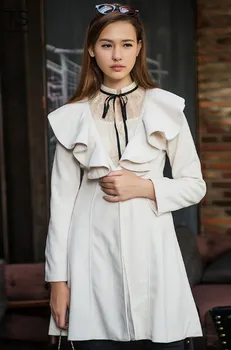 2018 Printesa Dulce Stil Nou Sosire EUR Roz Slim Turn-dTwn Volane Guler Lână Coats pentru Femei Îmbrăcăminte de Transport Gratuit