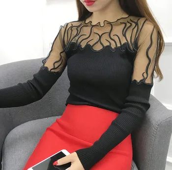 2018 Toamna doamnelor Tricotate cămașă cu mâneci lungi de Femei Pulover coreea Style Slim Sexy Mozaic broderie dantela Pulovere Pulover