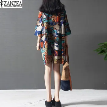2018 ZANZEA Femei Vintage Print Floral Crewneck Maneca 3/4 din Bumbac Buzunare-Tunica Rochie Mini de Vara Vestido Plus Dimensiune