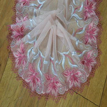 (2yds/lot)transparent tifon roz strălucitoare de mătase, broderii florale, frunze albastre Venise la Veneția Dantelă Asieta Aplicatiile Ambarcațiuni de Cusut 1731803