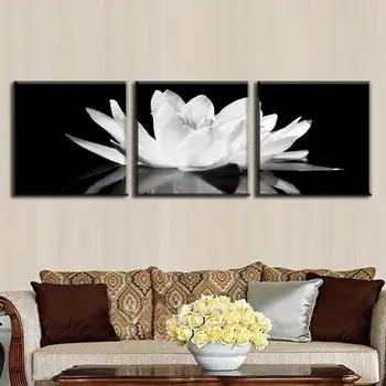 3 Bucati/set Panza de Imprimare de Flori de Lotus Alb În Negru, Arta de Perete Poza cu Perete Moderne Picturi Modulare imagine (fara rama)