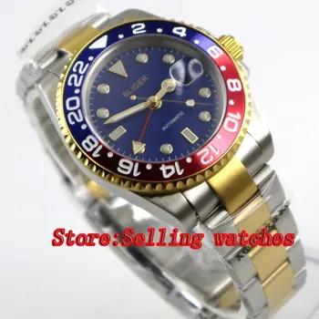 40mm bliger sticlă de safir cadran albastru Rosu & albastru bezel GMT data barbati ceas automată